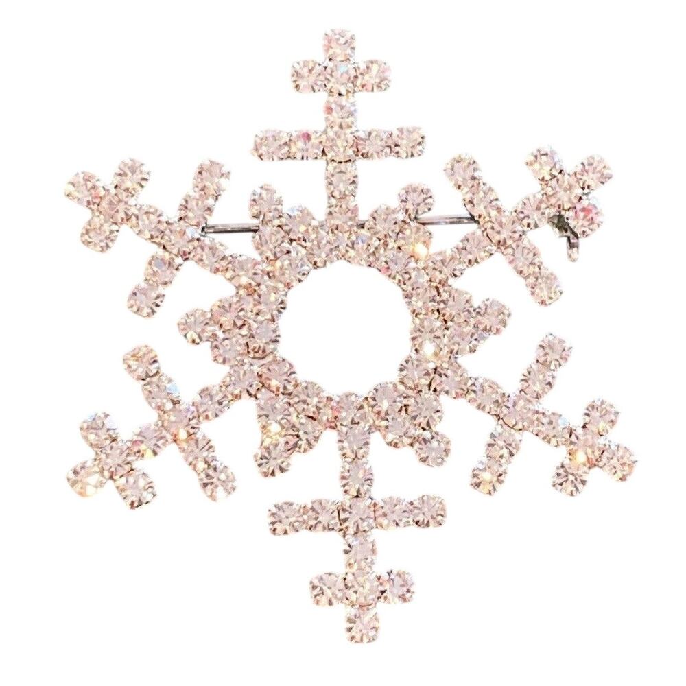 White rhinestones brooch festive Christmas holiday silver snowflake motif pin